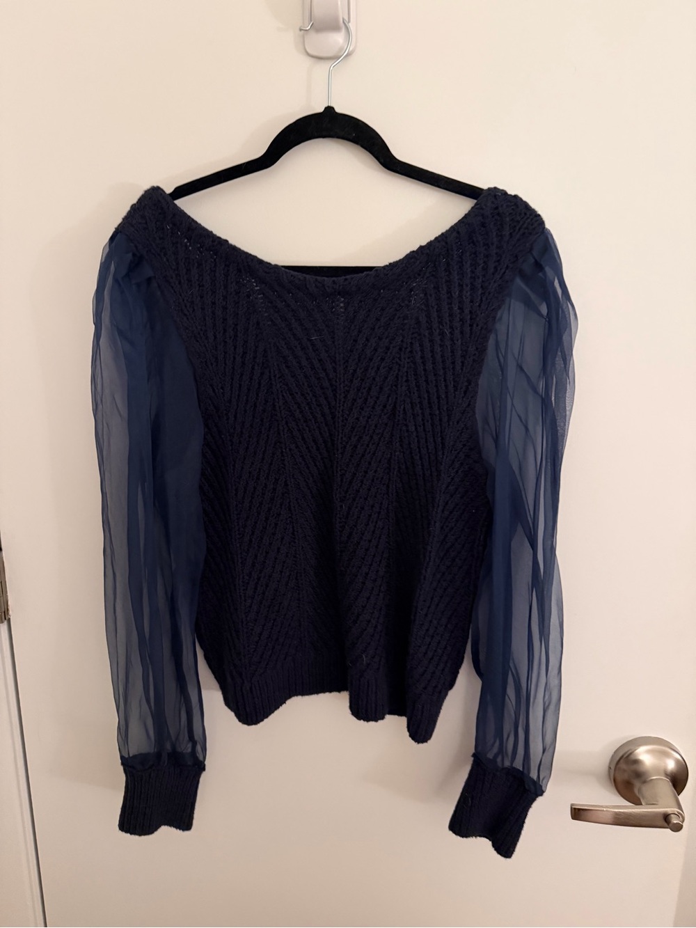 Maeve Navy Off-Shoulder Knit Sweater with Sheer Puff Sleeves